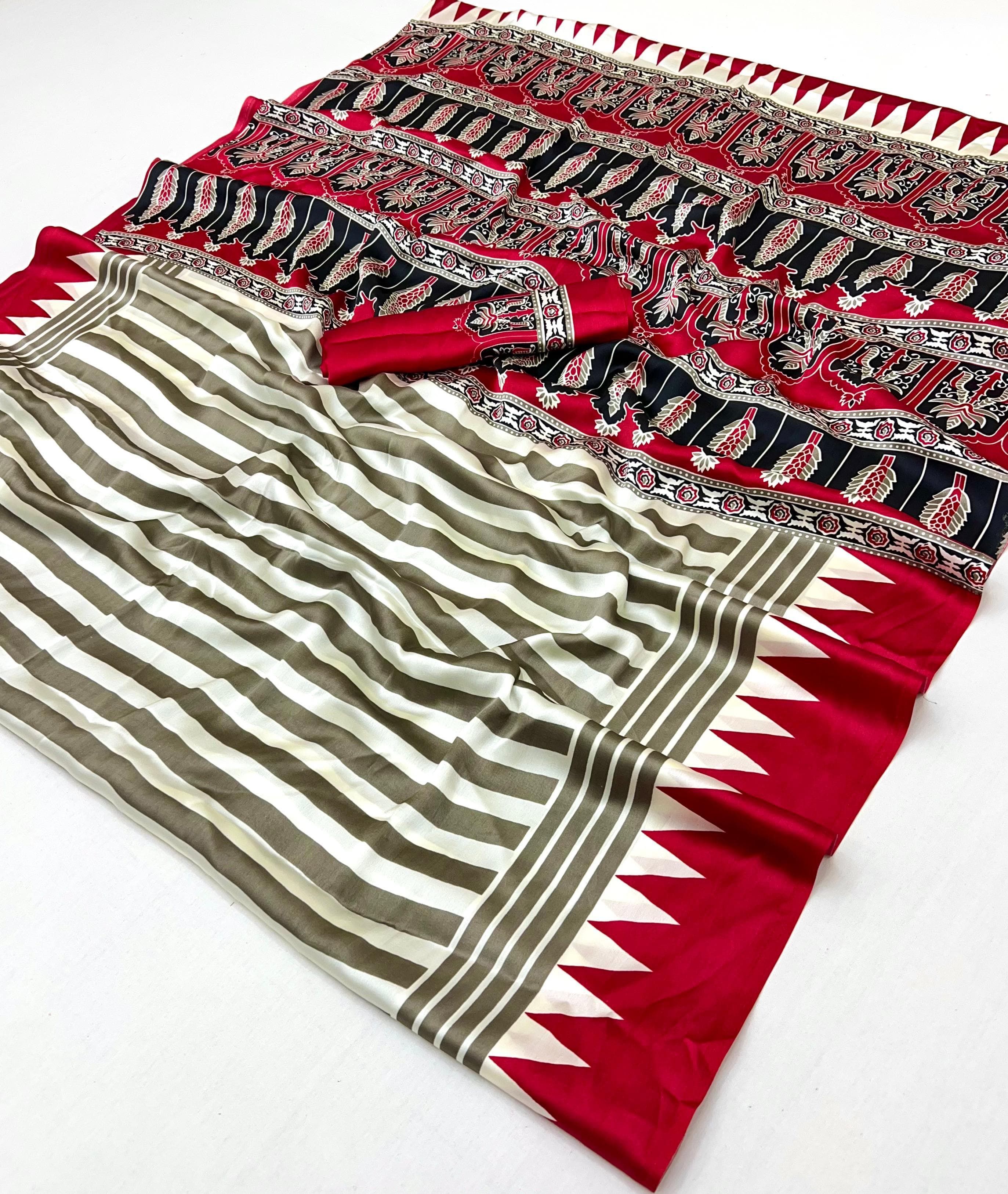 White and Red Pure Ajrakh Printed Satin Crepe Silk Saree ##color## Floral Printed Saree with premium fabric and embroidery