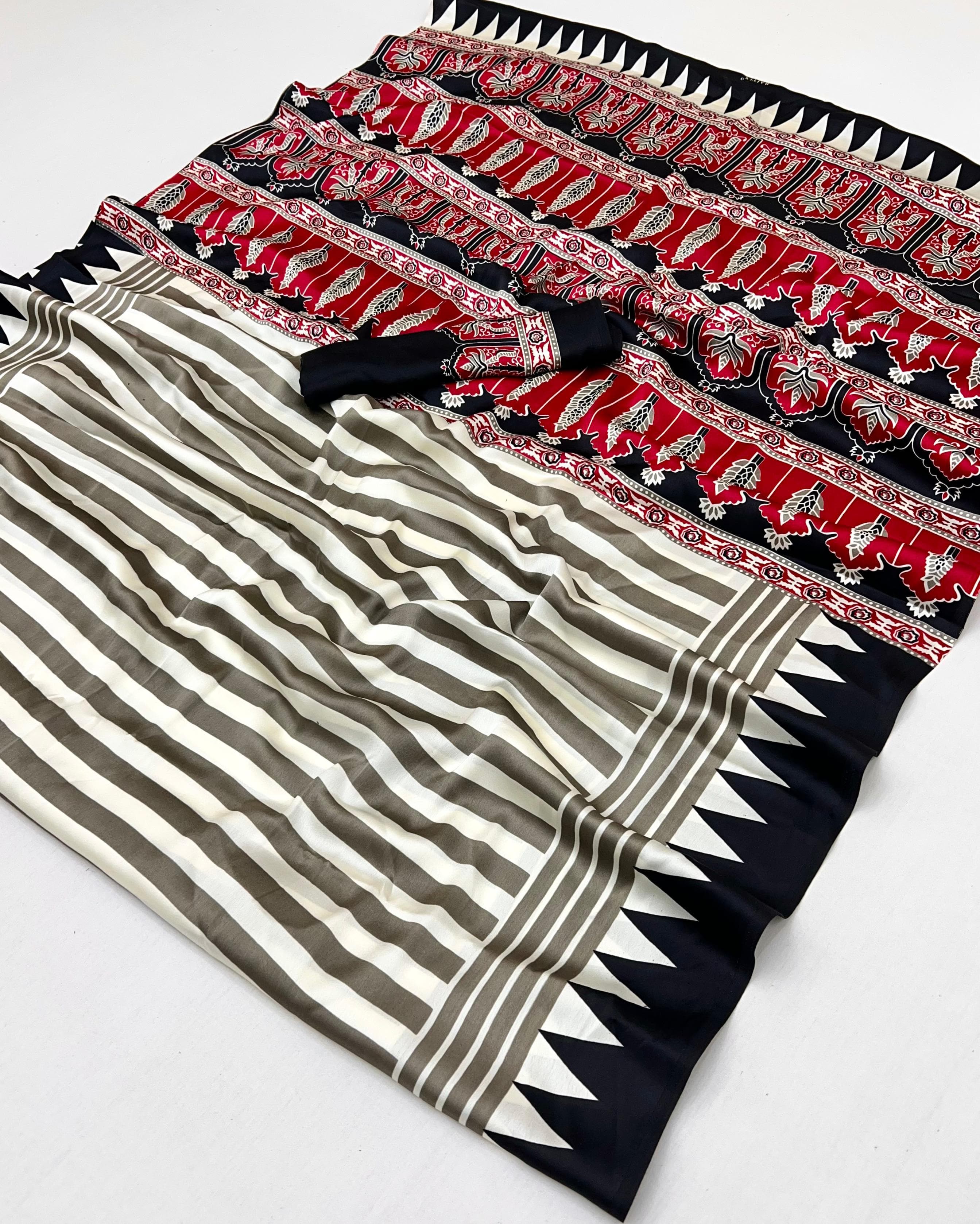 White and Black Pure Ajrakh Printed Satin Crepe Silk Saree ##color## Floral Printed Saree with premium fabric and embroidery