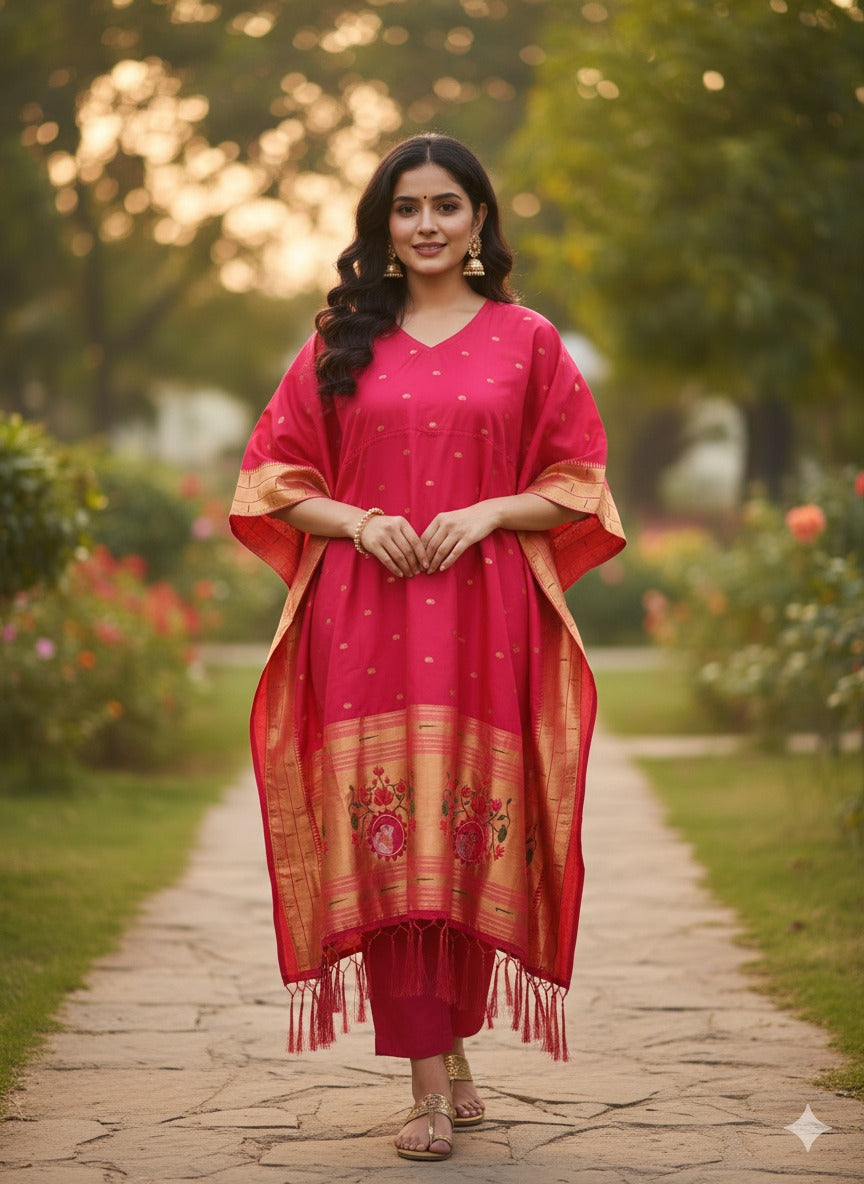 Rani Pure Soft Soft Silk Paithani Kaftan ##color## kaftan with premium fabric and embroidery