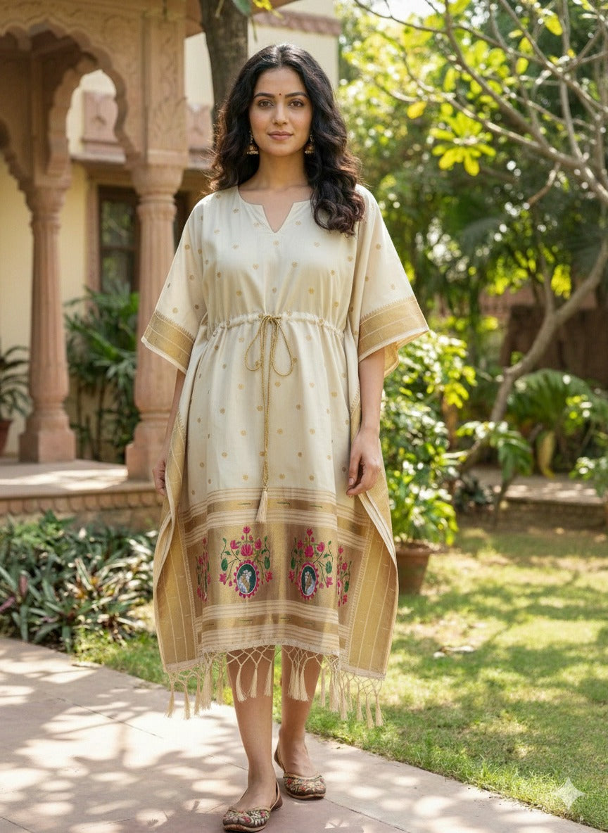 White Pure Soft Soft Silk Paithani Kaftan ##color## kaftan with premium fabric and embroidery