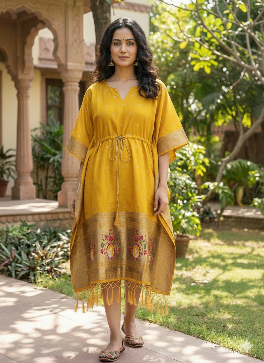 Yellow Pure Soft Soft Silk Paithani Kaftan ##color## kaftan with premium fabric and embroidery