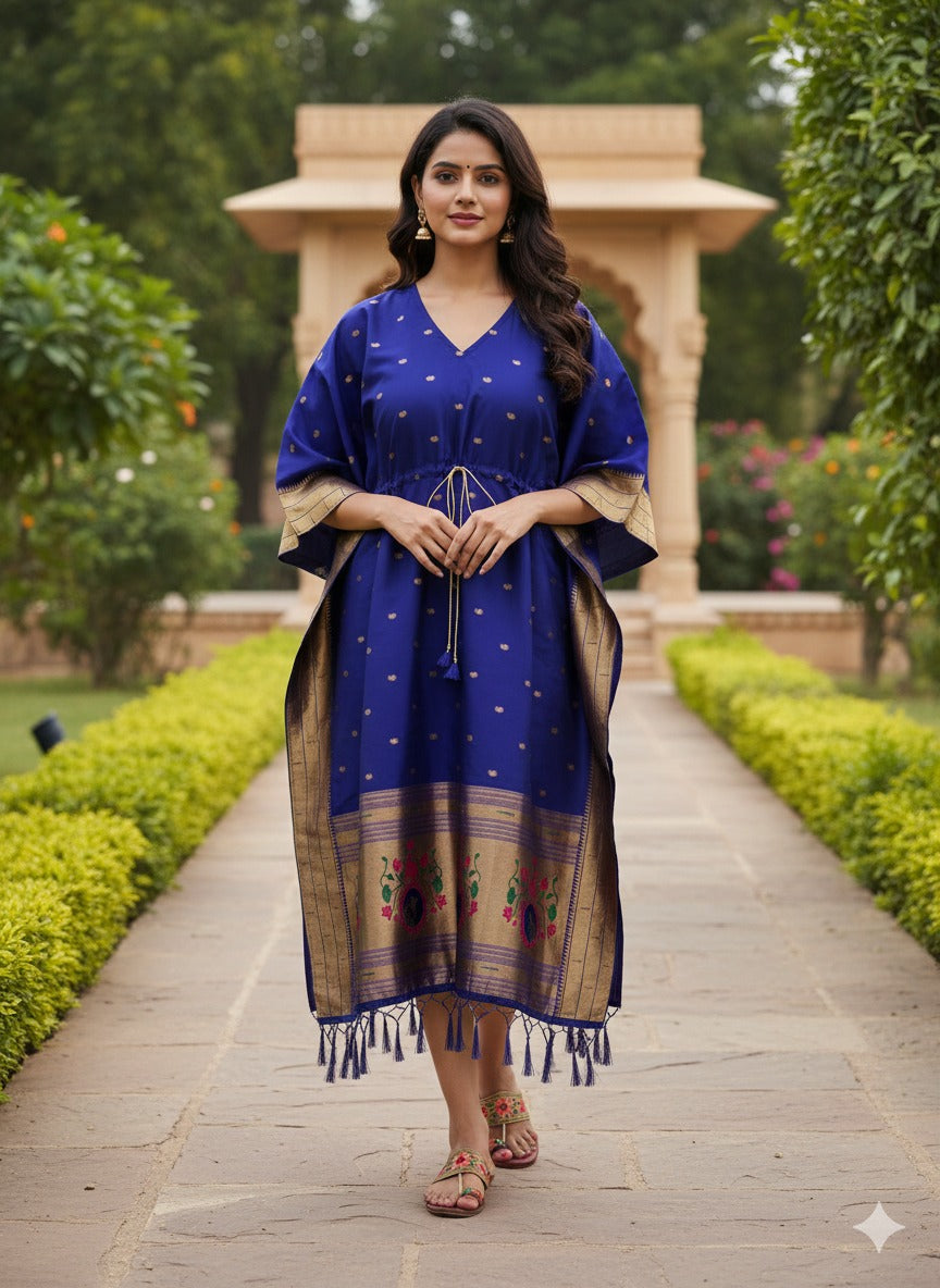 Blue Pure Soft Soft Silk Paithani Kaftan 