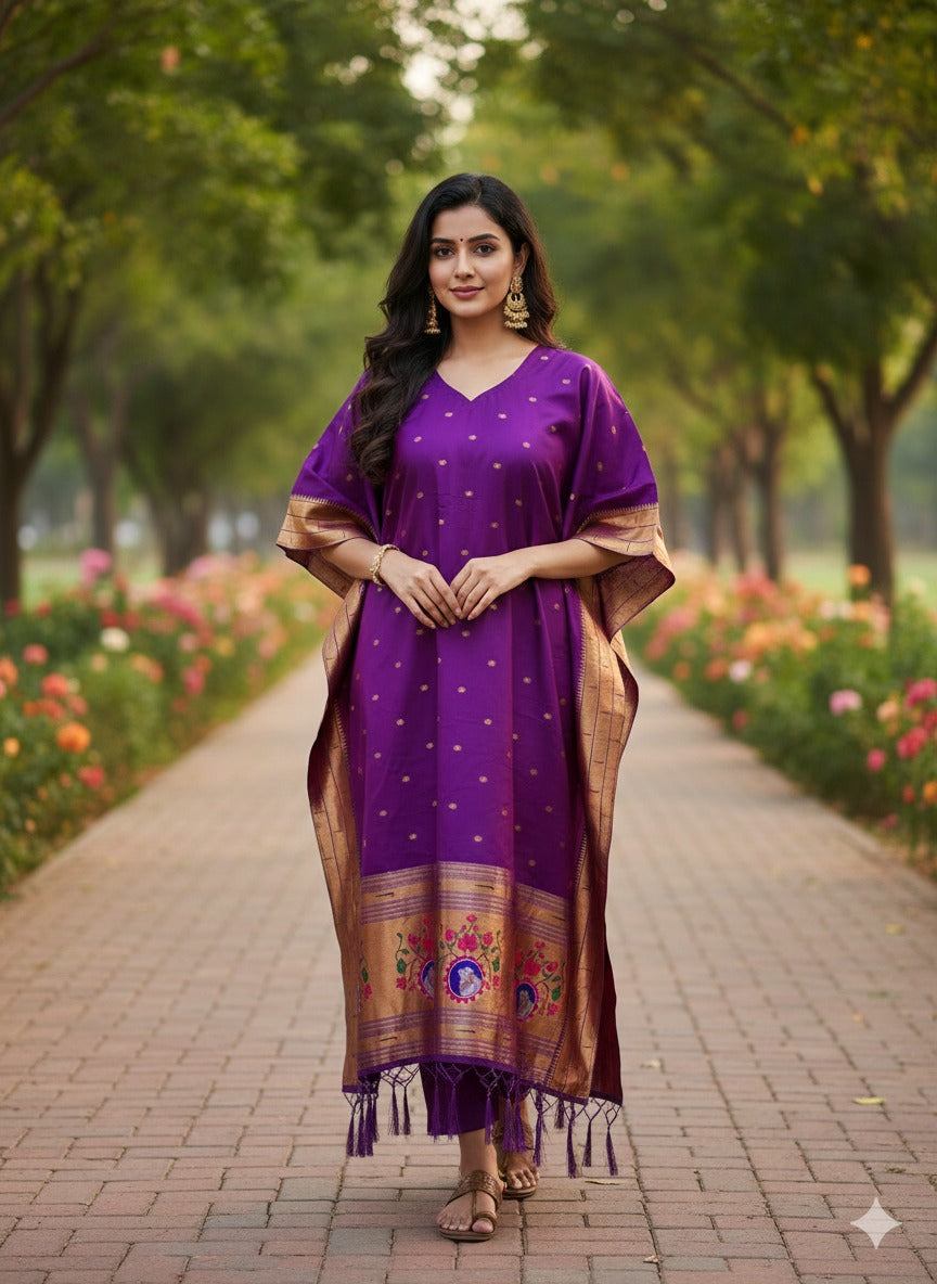 Magenta Pure Soft Soft Silk Paithani Kaftan ##color## kaftan with premium fabric and embroidery