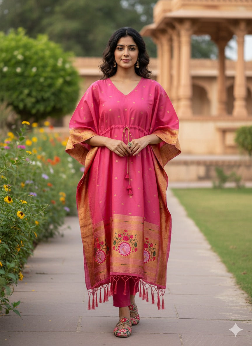 Pink Pure Soft Soft Silk Paithani Kaftan 