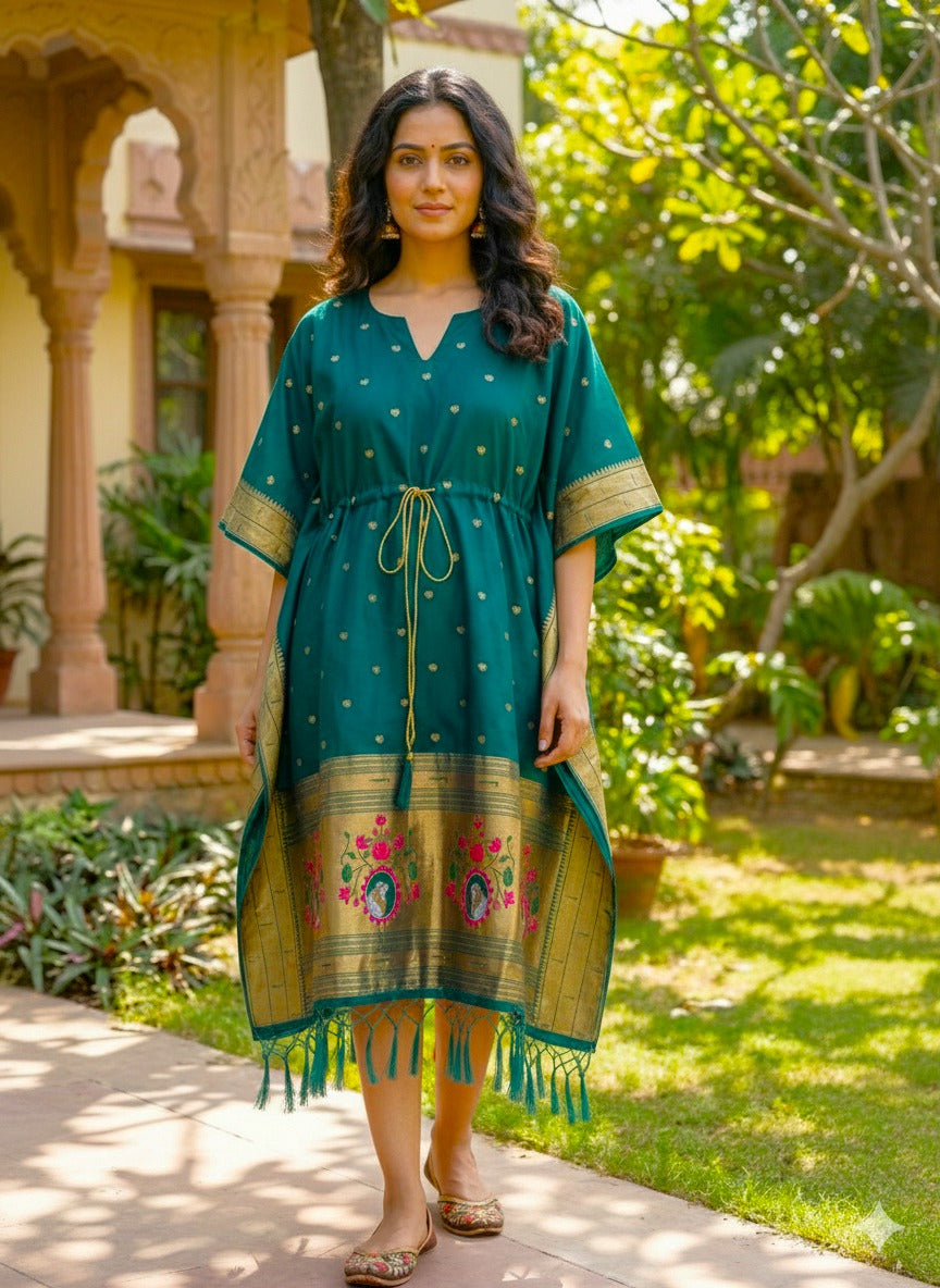 Rama Green Pure Soft Soft Silk Paithani Kaftan ##color## kaftan with premium fabric and embroidery
