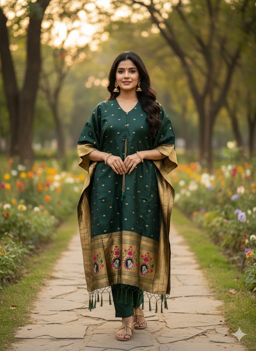 Green Pure Soft Soft Silk Paithani Kaftan ##color## kaftan with premium fabric and embroidery