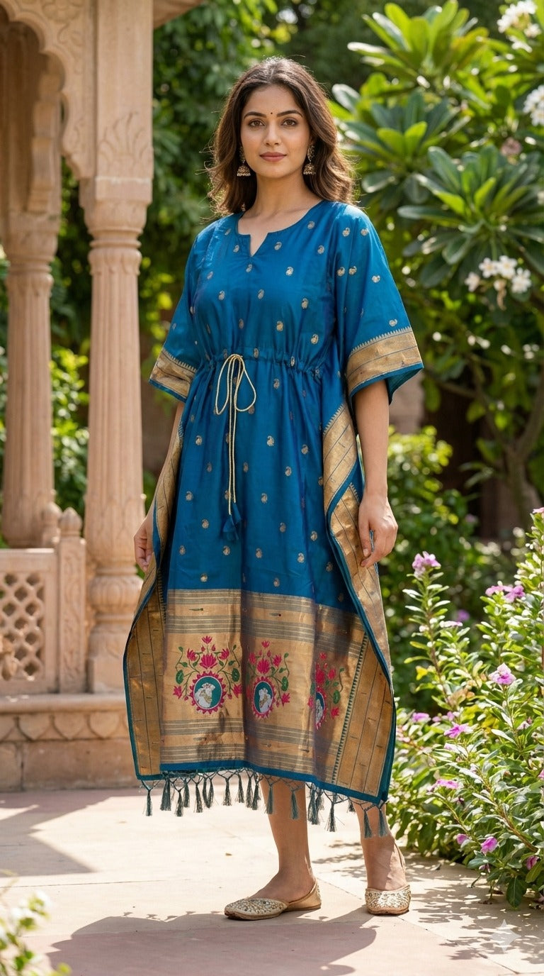 Teal Blue Pure Soft Soft Silk Paithani Kaftan 