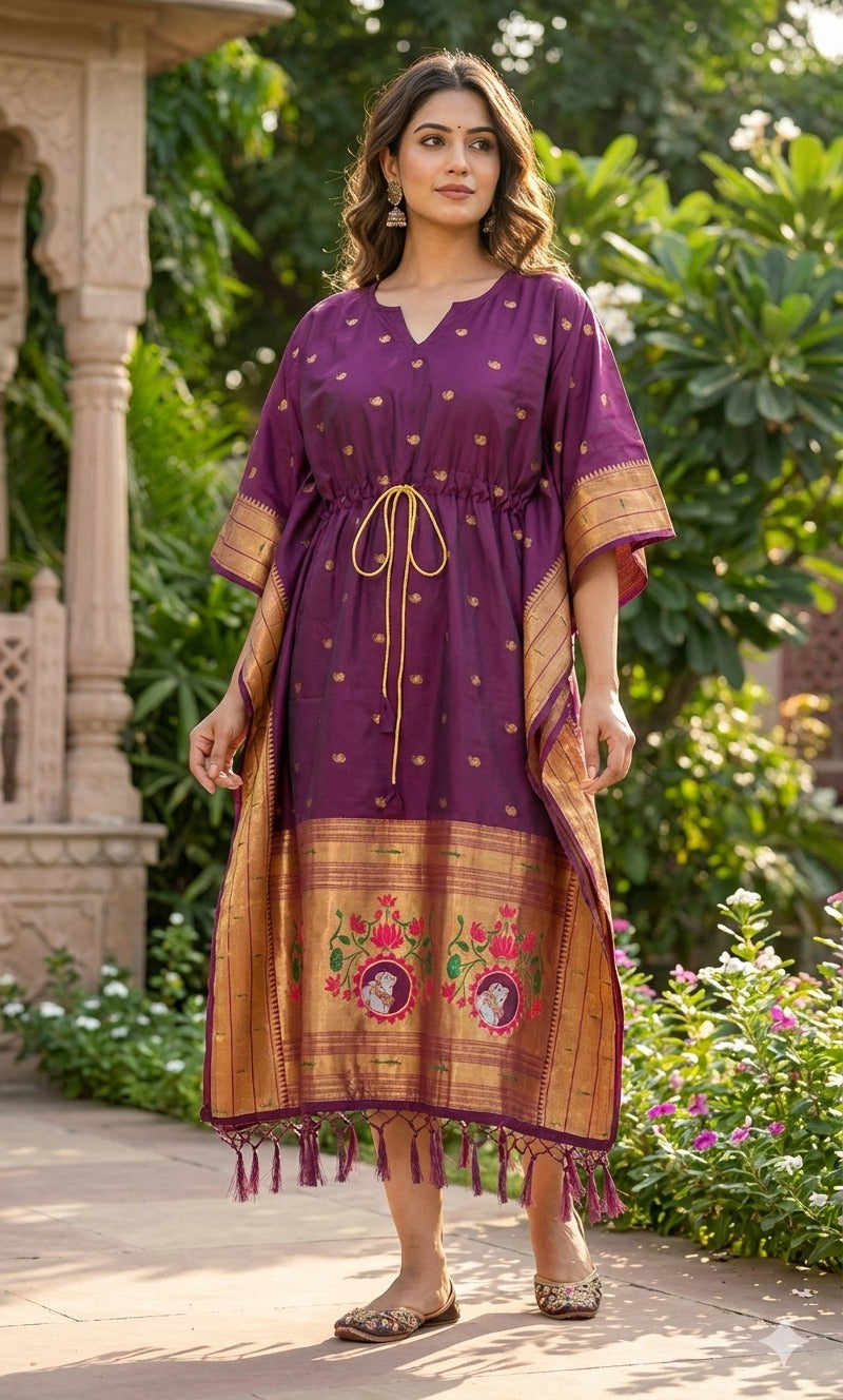 Violet Pure Soft Soft Silk Paithani Kaftan ##color## kaftan with premium fabric and embroidery