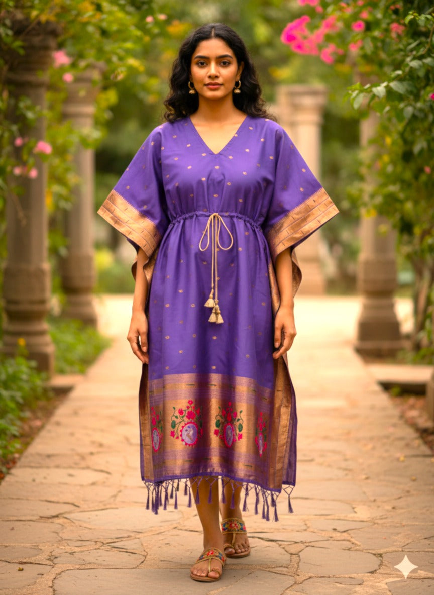 Purple Pure Soft Soft Silk Paithani Kaftan ##color## kaftan with premium fabric and embroidery