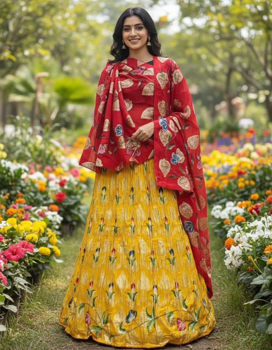 Yellow Pure Tiscu Silk Gottapatti Work Rajsthani Lehenga Choli ##color## Gharchola Lehenga Choli with premium fabric and embroidery