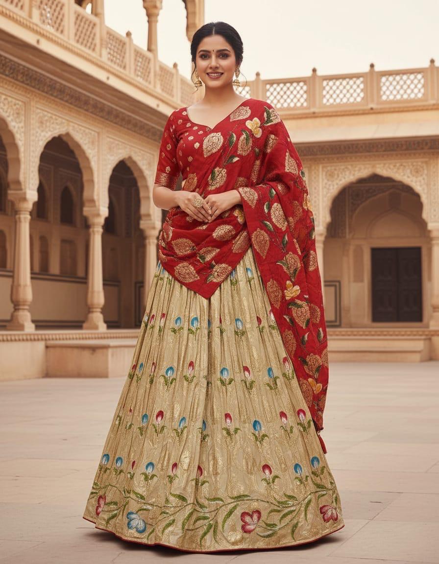 Chiku Pure Tiscu Silk Gottapatti Work Rajsthani Lehenga Choli ##color## Gharchola Lehenga Choli with premium fabric and embroidery