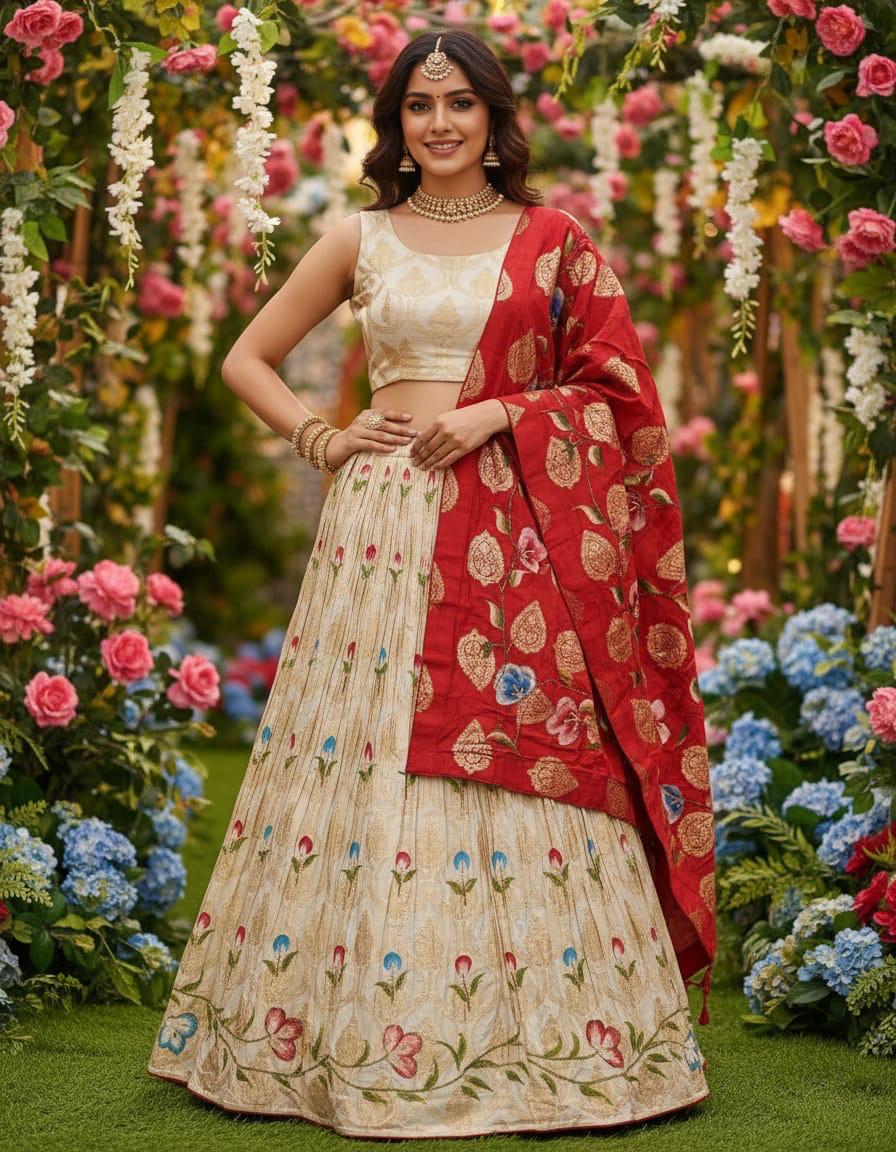 White Pure Tiscu Silk Gottapatti Work Rajsthani Lehenga Choli ##color## Gharchola Lehenga Choli with premium fabric and embroidery