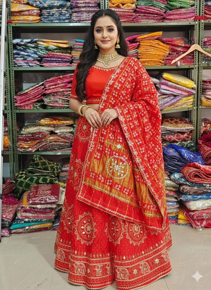 Red Pure Modal Gajji Silk Rajsthani Lehenga Choli ##color## Gharchola Lehenga Choli with premium fabric and embroidery