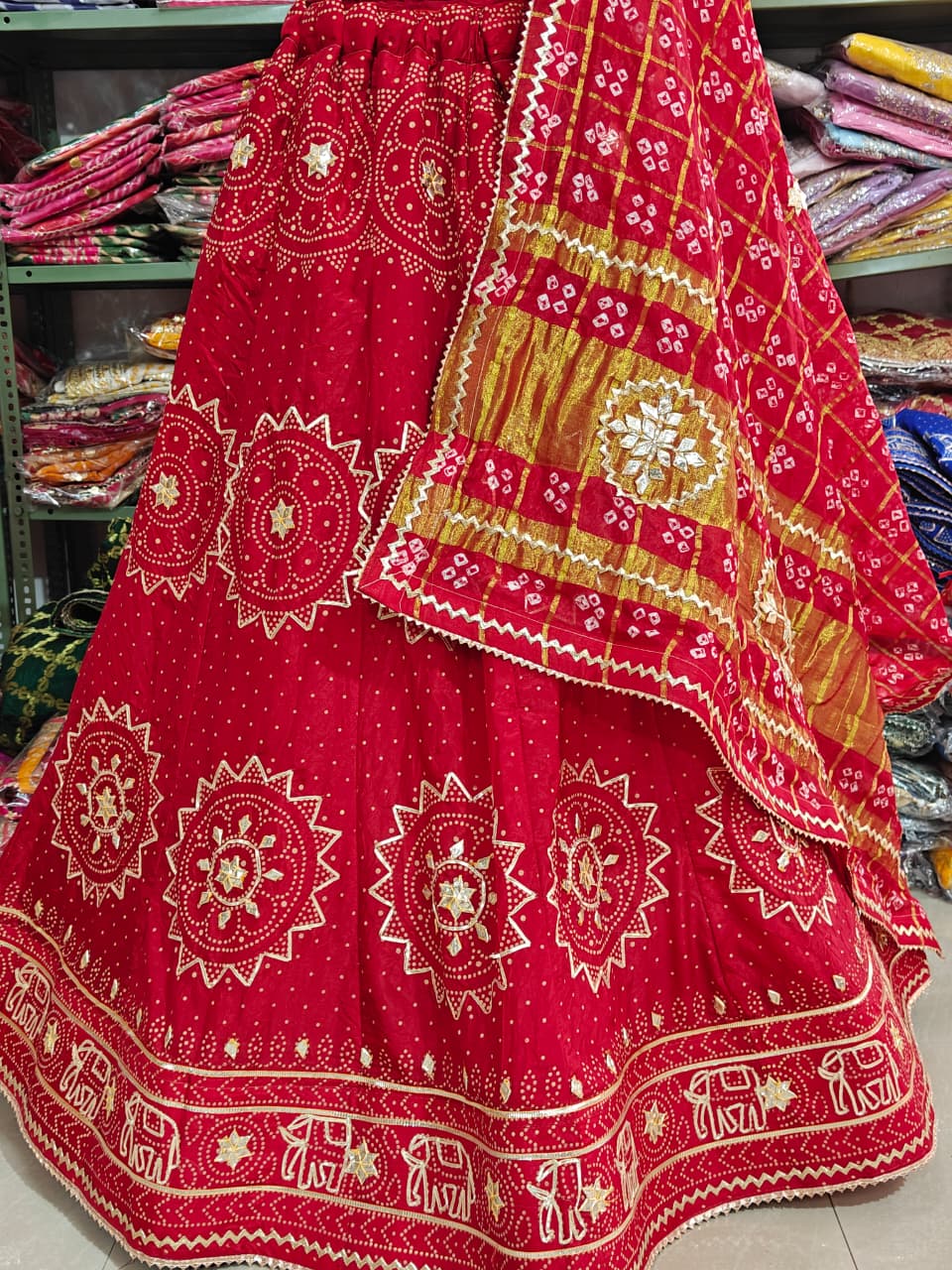 Red Pure Modal Gajji Silk Rajsthani Lehenga Choli ##color## Gharchola Lehenga Choli with premium fabric and embroidery