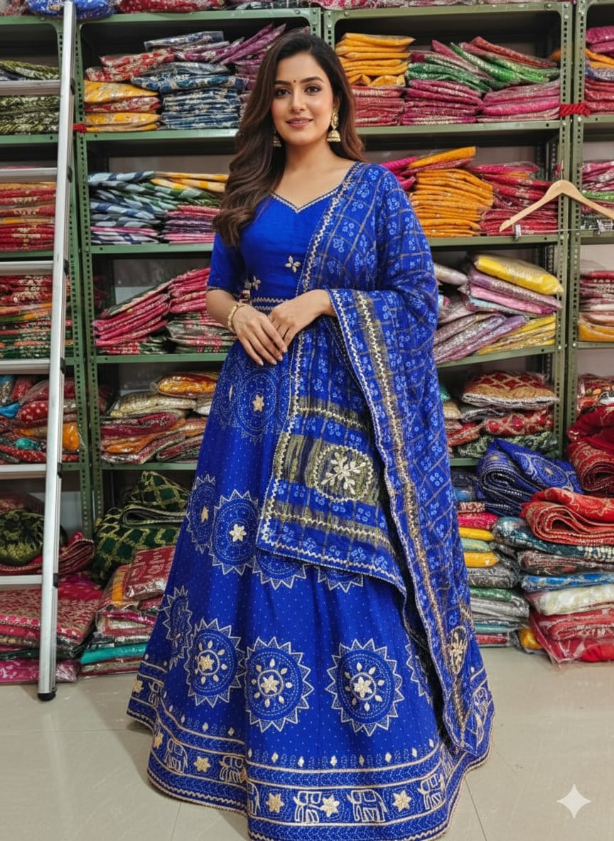 Blue Pure Modal Gajji Silk Rajsthani Lehenga Choli ##color## Gharchola Lehenga Choli with premium fabric and embroidery