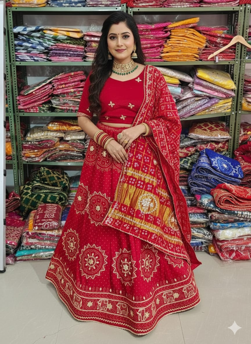 Red Rose Pure Modal Gajji Silk Rajsthani Lehenga Choli ##color## Gharchola Lehenga Choli with premium fabric and embroidery