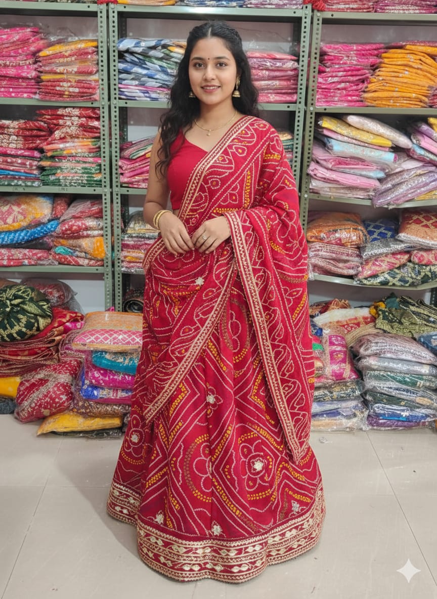 Red Pure Moss Silk Chunri Bandhej Print Rajsthani Lehenga Choli ##color## Gharchola Lehenga Choli with premium fabric and embroidery