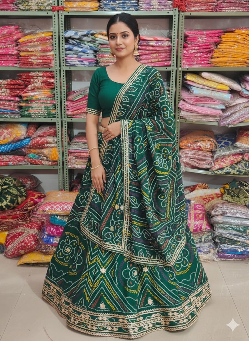 Green Pure Moss Silk Chunri Bandhej Print Rajsthani Lehenga Choli ##color## Gharchola Lehenga Choli with premium fabric and embroidery