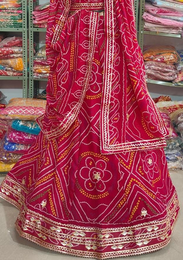 Red Pure Moss Silk Chunri Bandhej Print Rajsthani Lehenga Choli ##color## Gharchola Lehenga Choli with premium fabric and embroidery
