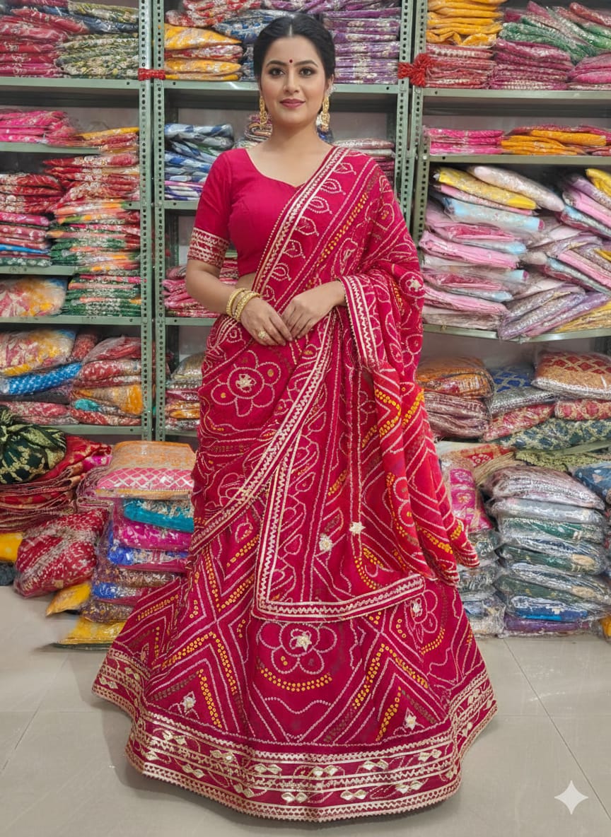 Red Rose Pure Moss Silk Chunri Bandhej Print Rajsthani Lehenga Choli 