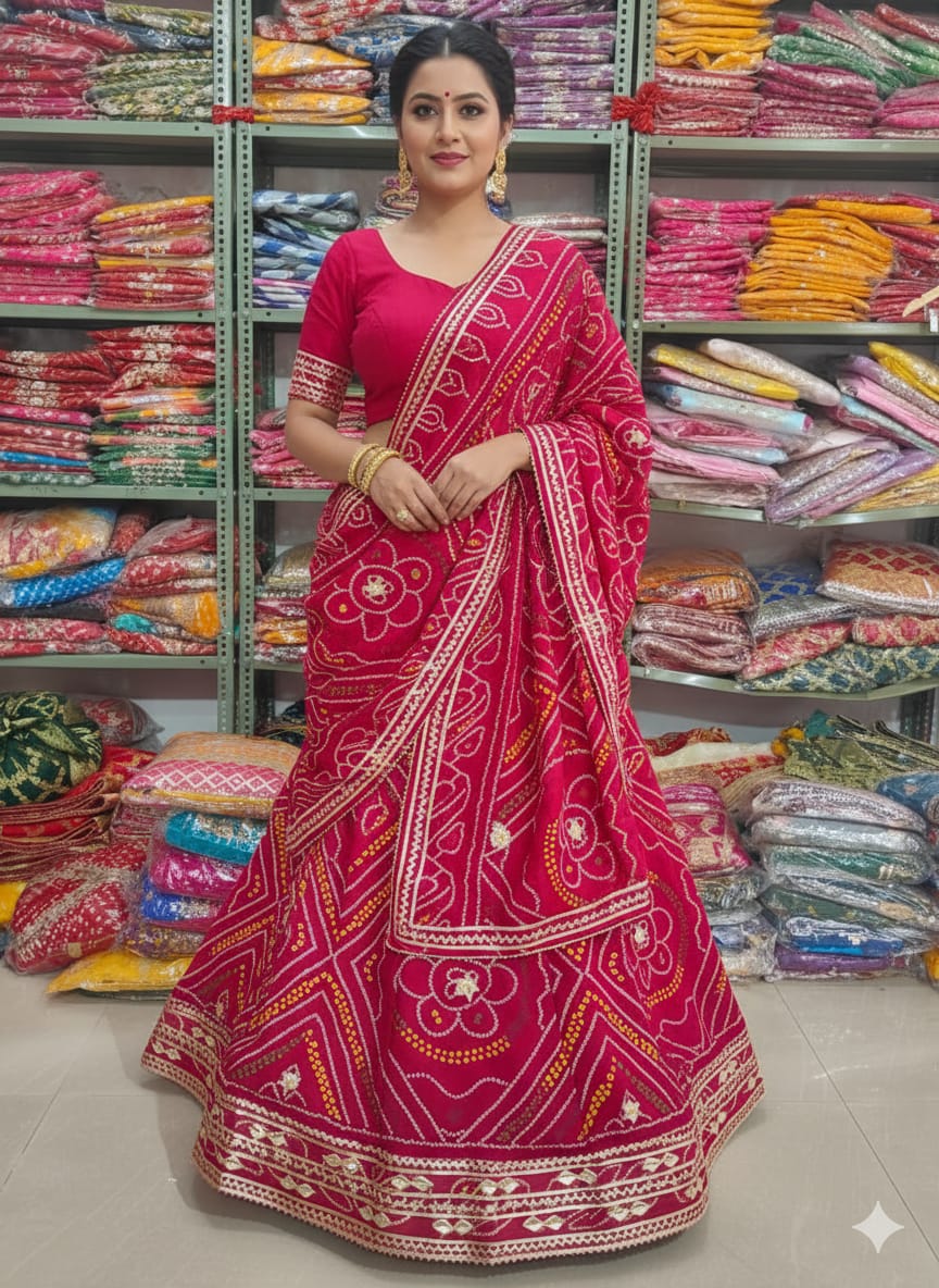 Red Rose Pure Moss Silk Chunri Bandhej Print Rajsthani Lehenga Choli ##color## Gharchola Lehenga Choli with premium fabric and embroidery