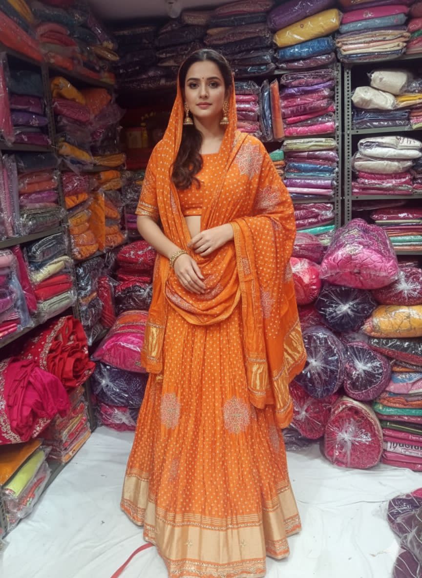 Orange Pure Modal Gajji Silk Rajsthani Lehenga Choli ##color## Gharchola Lehenga Choli with premium fabric and embroidery
