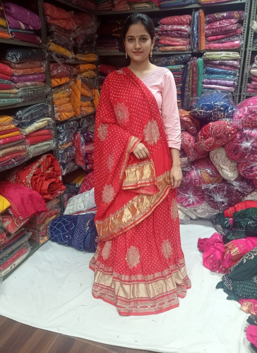 Red Pure Modal Gajji Silk Rajsthani Lehenga Choli ##color## Gharchola Lehenga Choli with premium fabric and embroidery