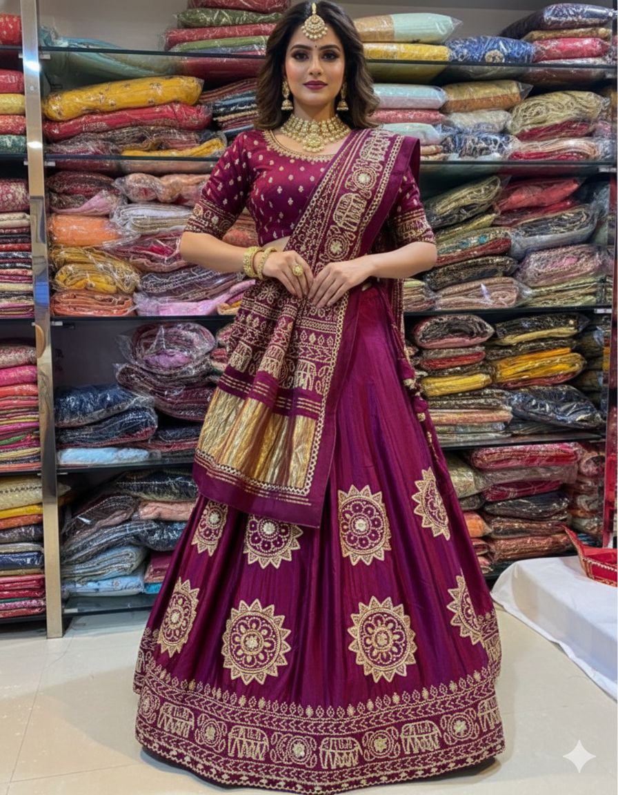 Maroon Pure Modal Gajji Silk Rajsthani Lehenga Choli ##color## Gharchola Lehenga Choli with premium fabric and embroidery