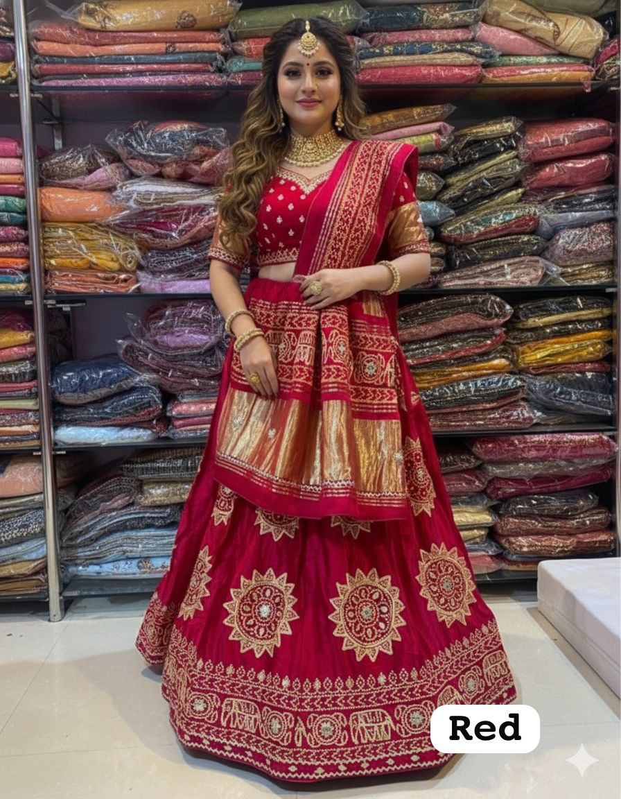 Red Pure Modal Gajji Silk Rajsthani Lehenga Choli ##color## Gharchola Lehenga Choli with premium fabric and embroidery