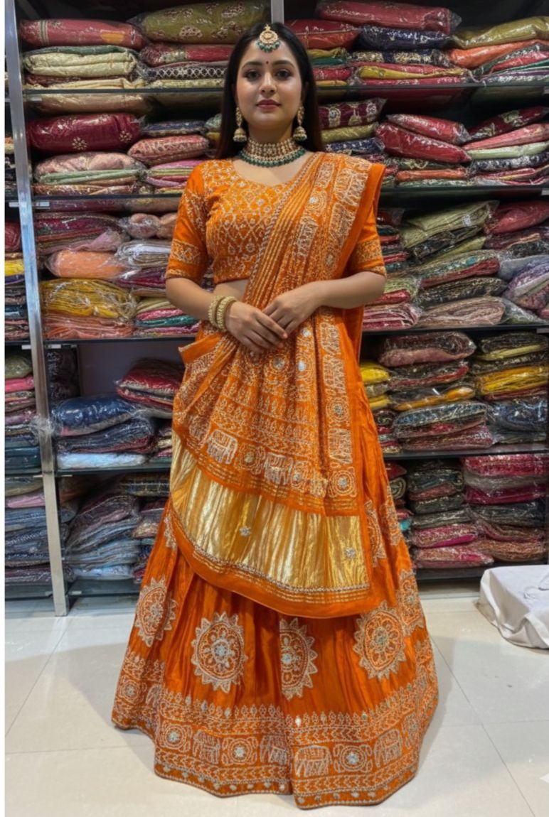 Orange Pure Modal Gajji Silk Rajsthani Lehenga Choli ##color## Gharchola Lehenga Choli with premium fabric and embroidery