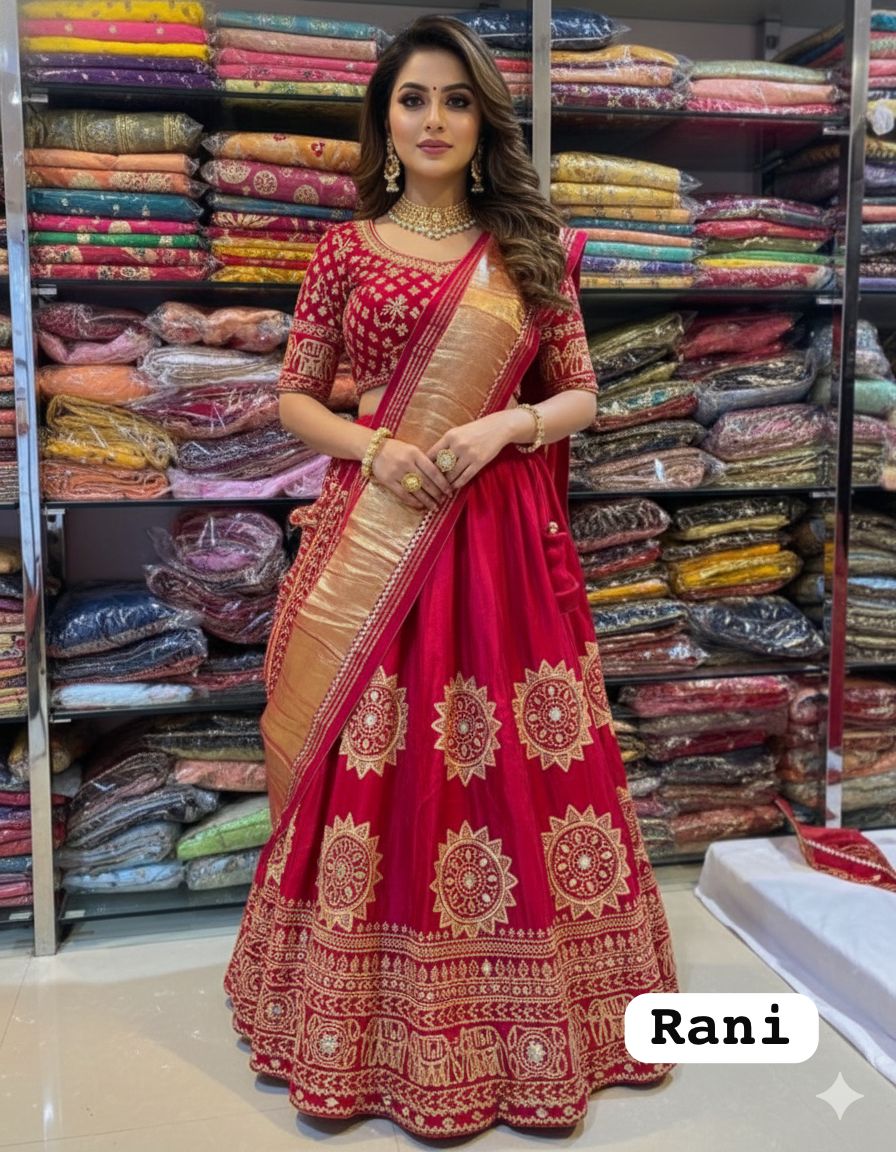 Rani Pure Modal Gajji Silk Rajsthani Lehenga Choli ##color## Gharchola Lehenga Choli with premium fabric and embroidery