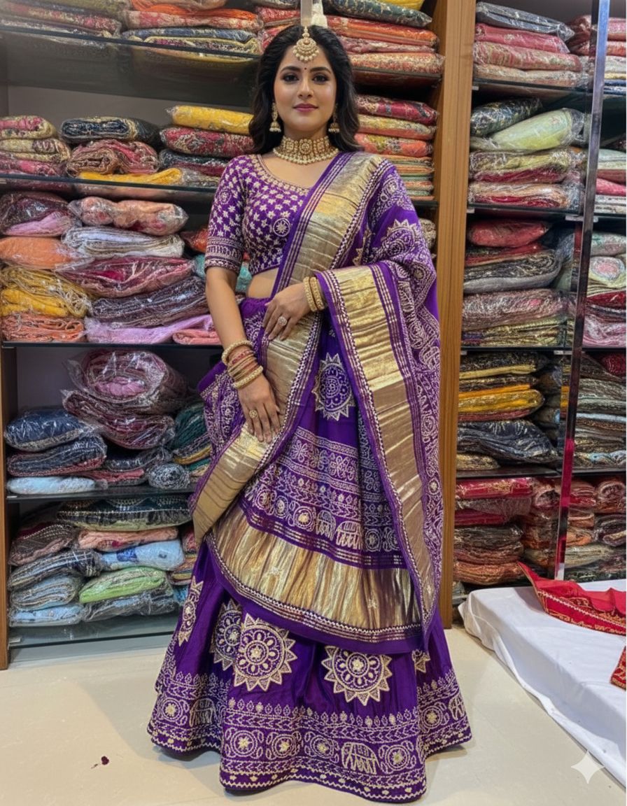 Purple Pure Modal Gajji Silk Rajsthani Lehenga Choli ##color## Gharchola Lehenga Choli with premium fabric and embroidery