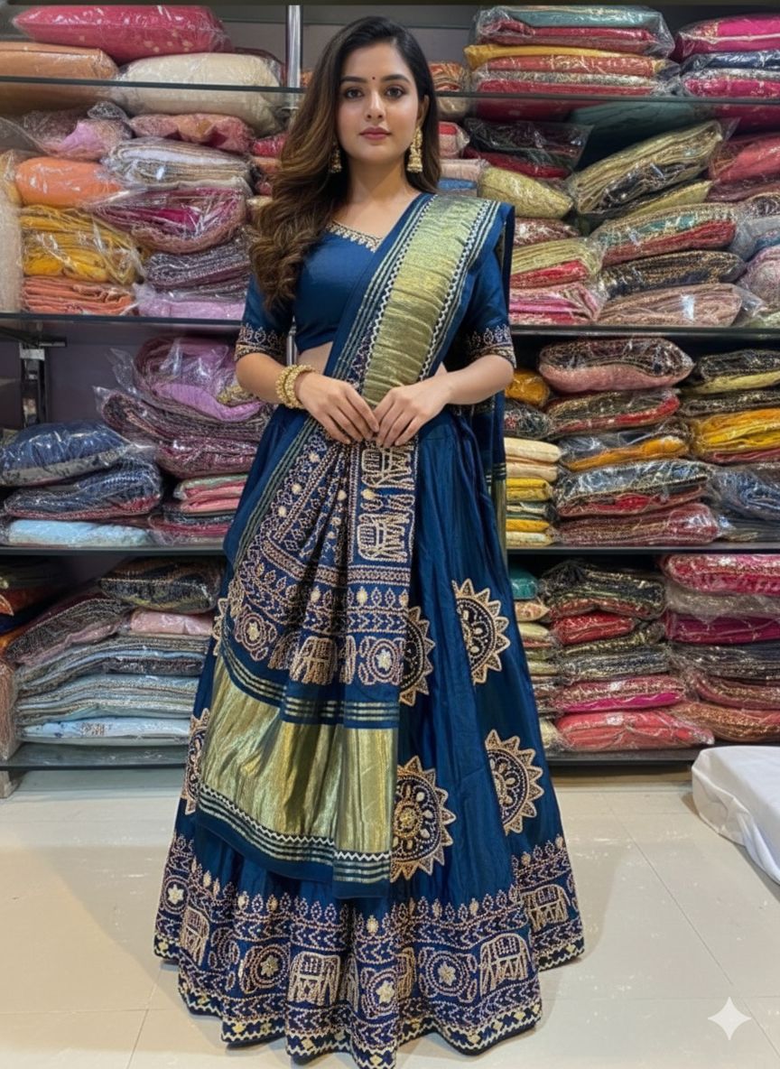Blue Pure Modal Gajji Silk Rajsthani Lehenga Choli ##color## Gharchola Lehenga Choli with premium fabric and embroidery