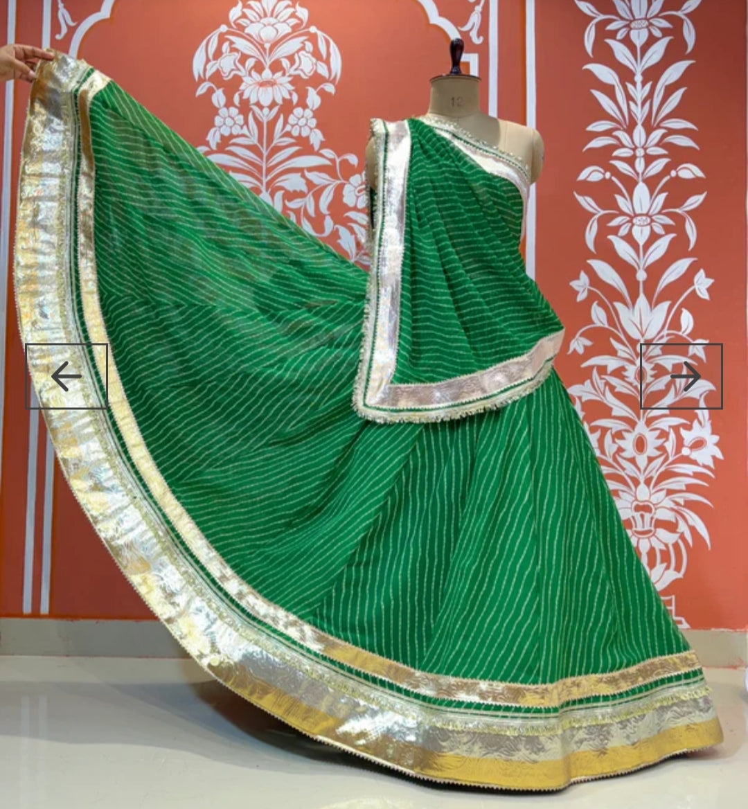 Green Pure Georgette Mothra Print Rajsthani Lehenga Choli ##color## Kota Doriya with premium fabric and embroidery
