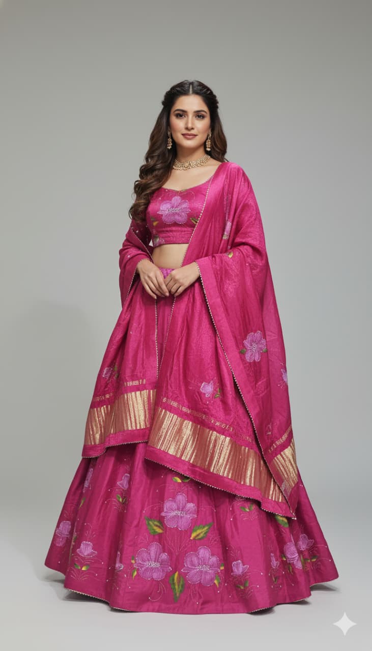 Pink Pure Uppada Silk with Gajji Silk Dupatta Rajsthani Lehenga Choli 