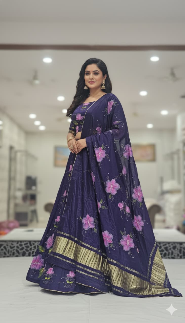 Blue Pure Uppada Silk with Gajji Silk Dupatta Rajsthani Lehenga Choli 