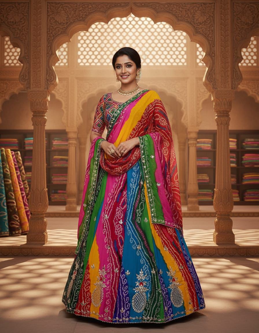 Multi colour Pure Georgette Silk Chunri Bandhej Print Rajsthani Lehenga Choli