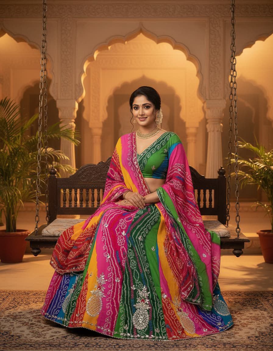Multi colour Pure Georgette Silk Chunri Bandhej Print Rajsthani Lehenga Choli