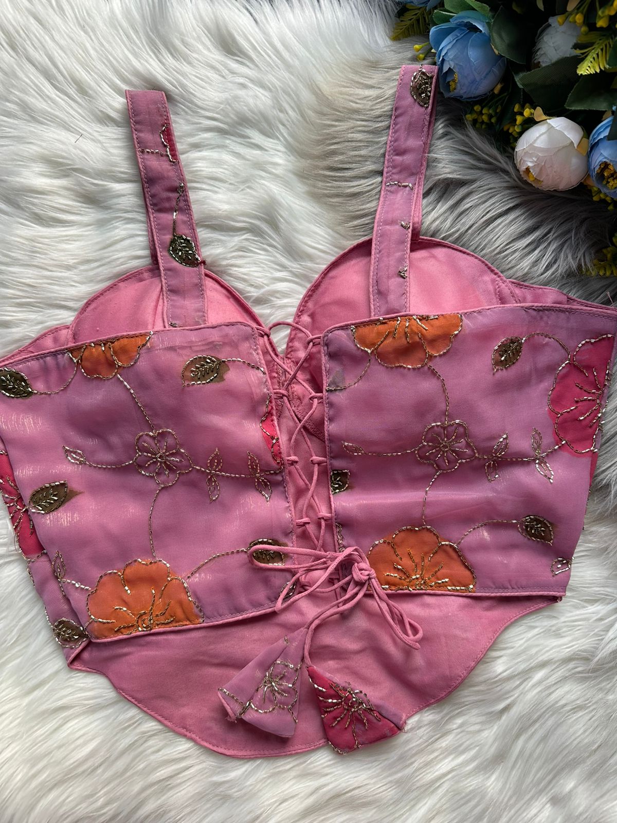 Rose Pink Spaghetti Heavy Position Print SleevesLess Blouse ##color## Sleeveless Blouse with premium fabric and embroidery