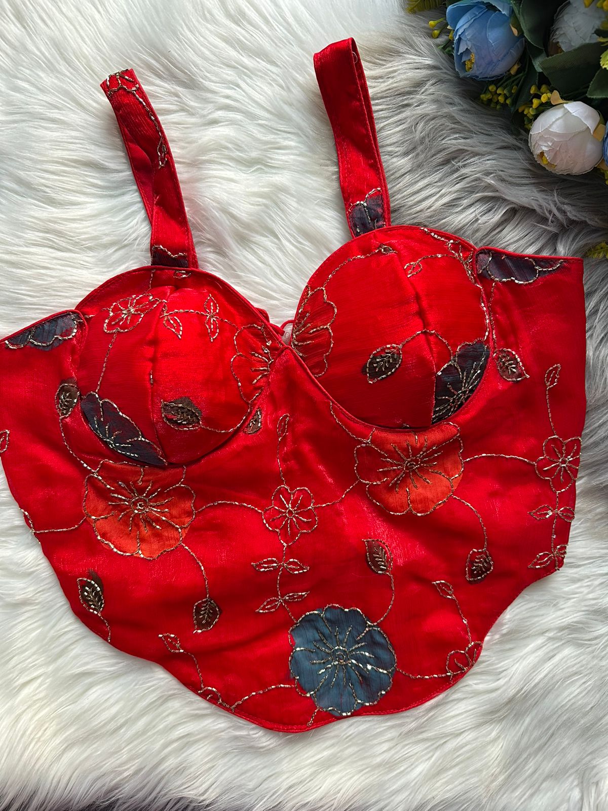 Red Spaghetti Heavy Position Print SleevesLess Blouse ##color## Sleeveless Blouse with premium fabric and embroidery