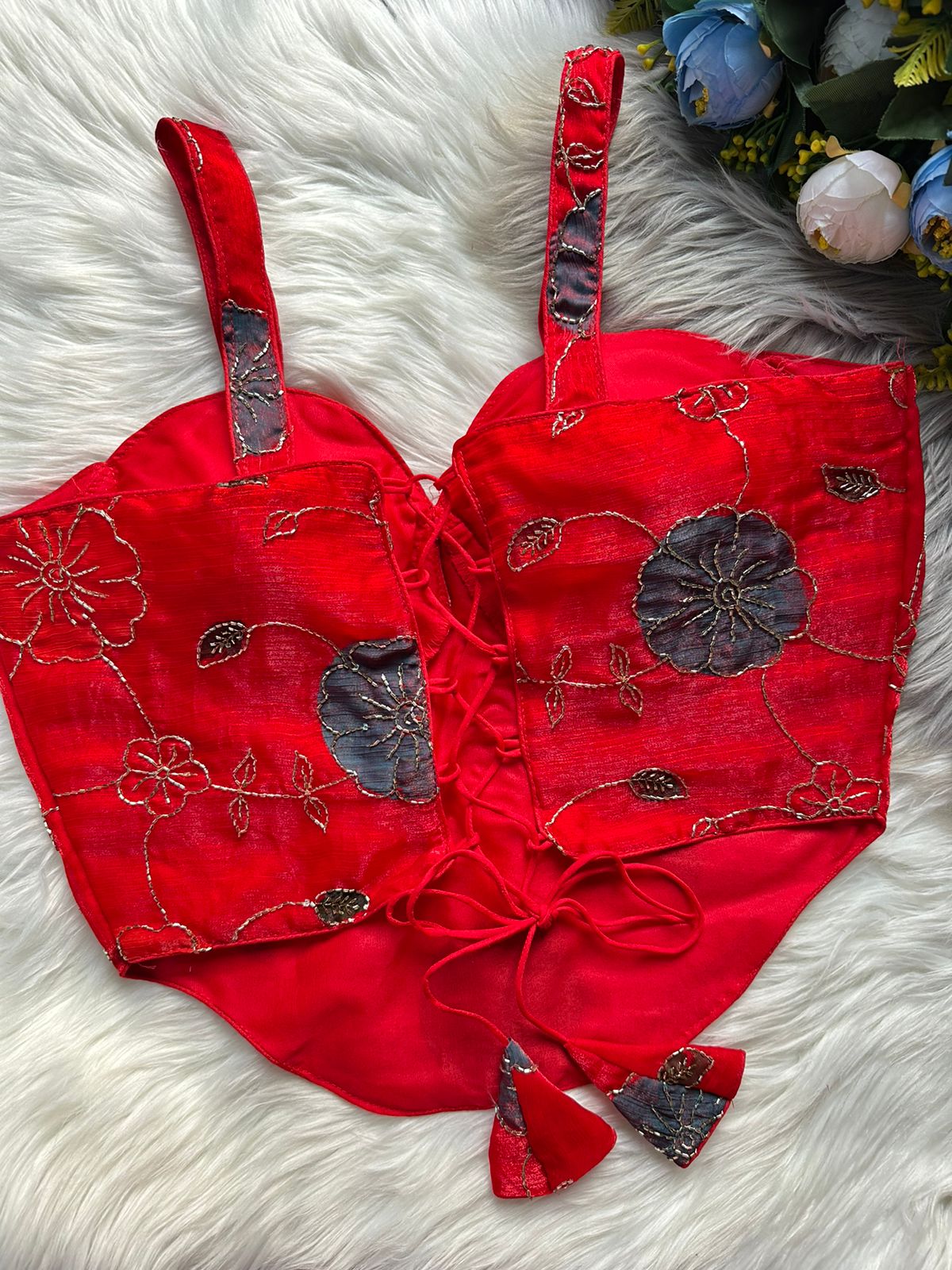 Red Spaghetti Heavy Position Print SleevesLess Blouse ##color## Sleeveless Blouse with premium fabric and embroidery