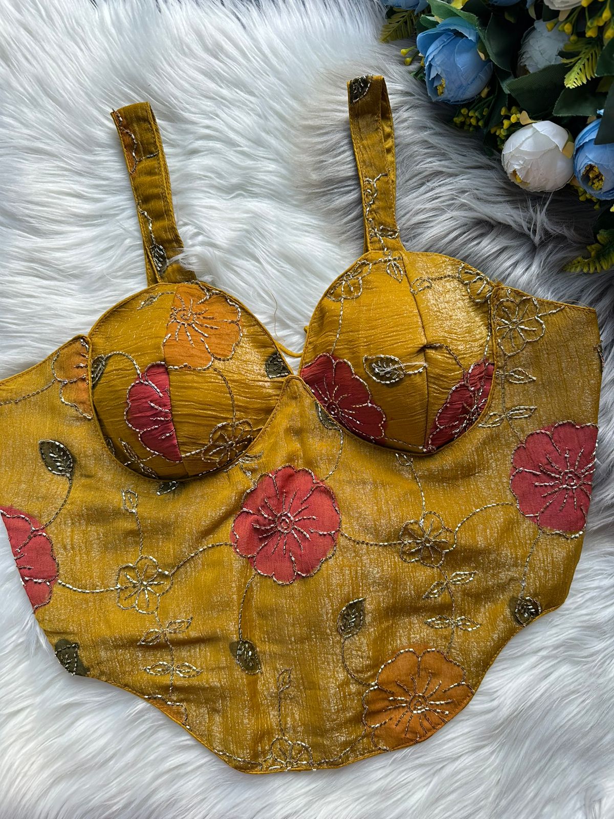 Gold Spaghetti Heavy Position Print SleevesLess Blouse ##color## Sleeveless Blouse with premium fabric and embroidery