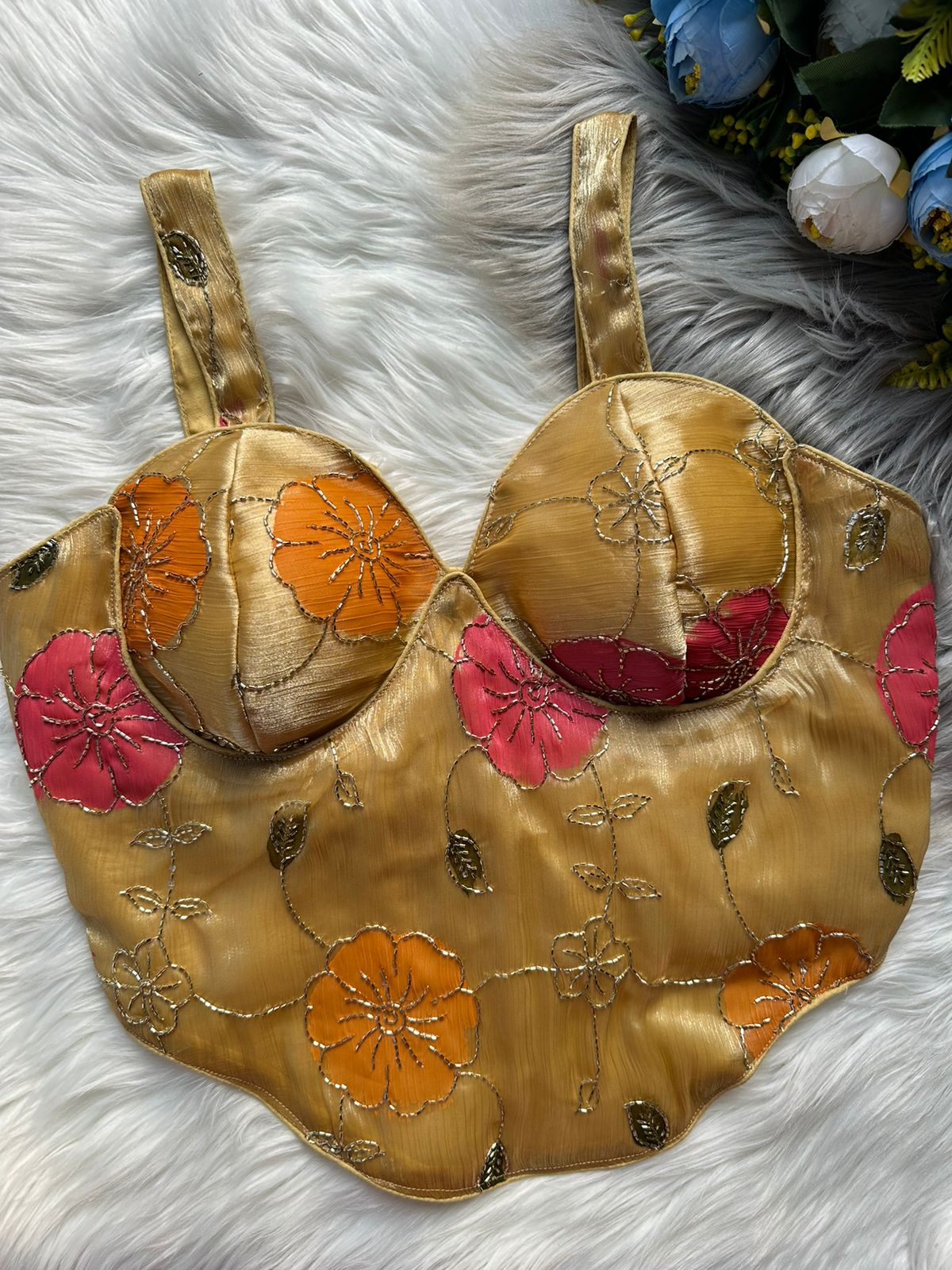 Cream Spaghetti Heavy Position Print SleevesLess Blouse ##color## Sleeveless Blouse with premium fabric and embroidery