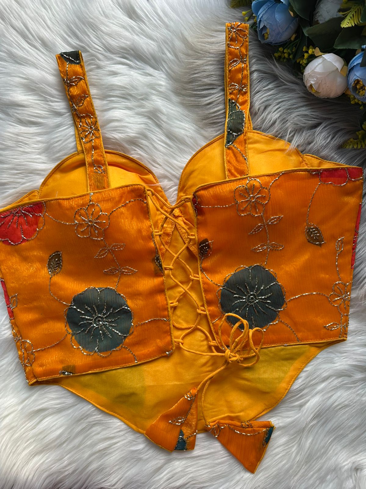 Yellow Spaghetti Heavy Position Print SleevesLess Blouse ##color## Sleeveless Blouse with premium fabric and embroidery