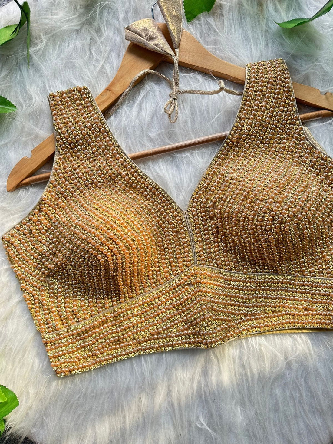 Golden Heavy Pure Silk Handcrafted SleevesLess Moti Blouse 