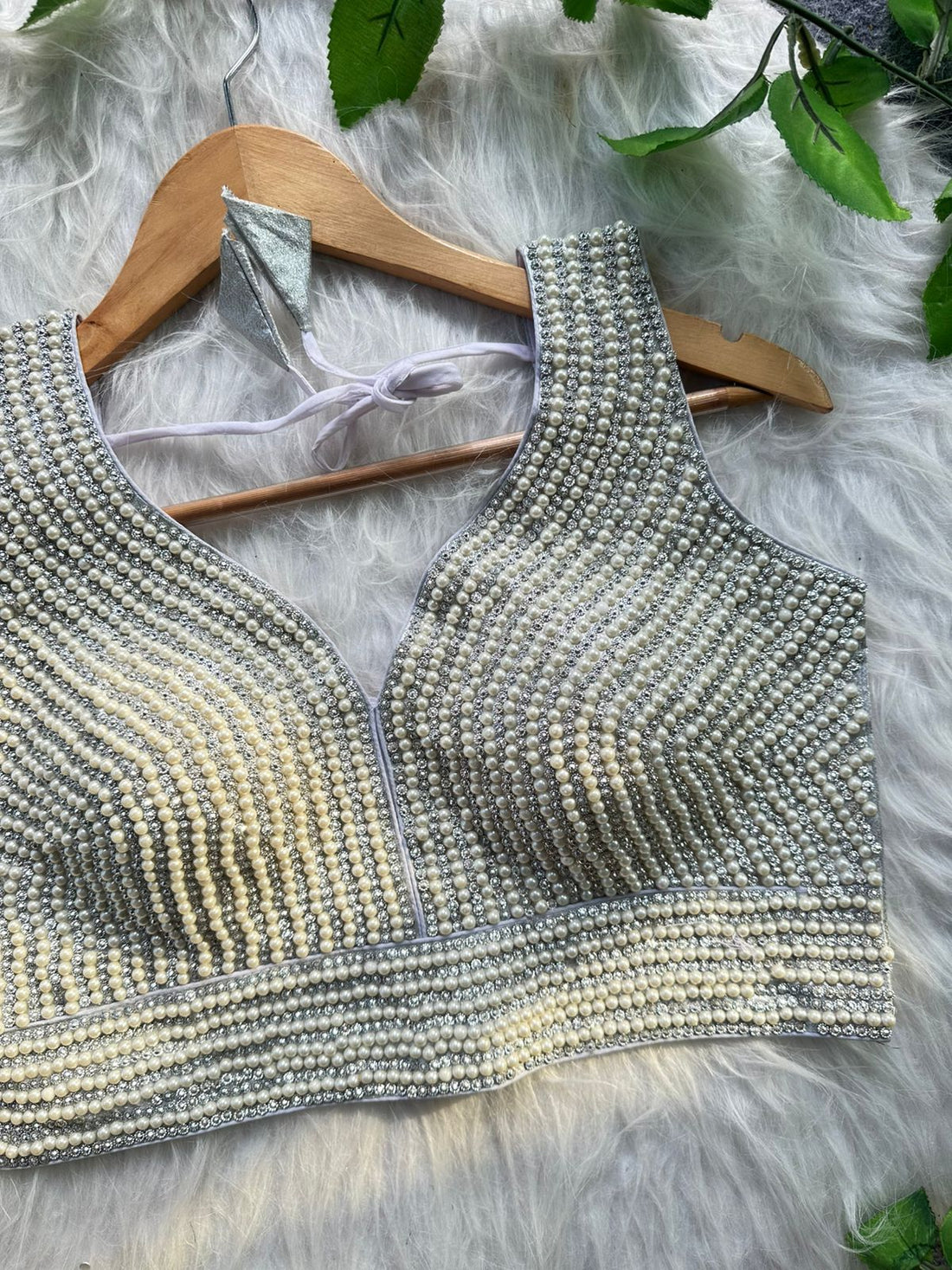 White Heavy Pure Silk Handcrafted SleevesLess Moti Blouse 