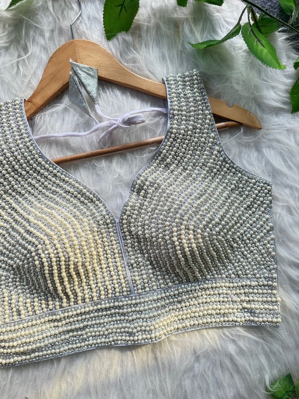 White Heavy Pure Silk Handcrafted SleevesLess Moti Blouse 