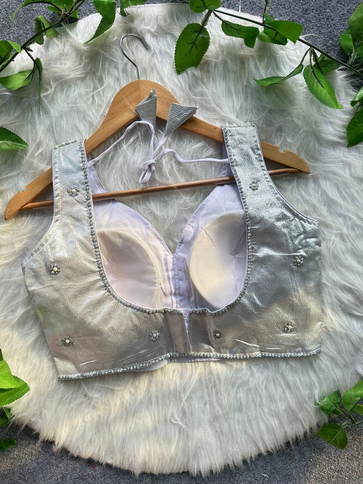 White Heavy Pure Silk Handcrafted SleevesLess Moti Blouse 