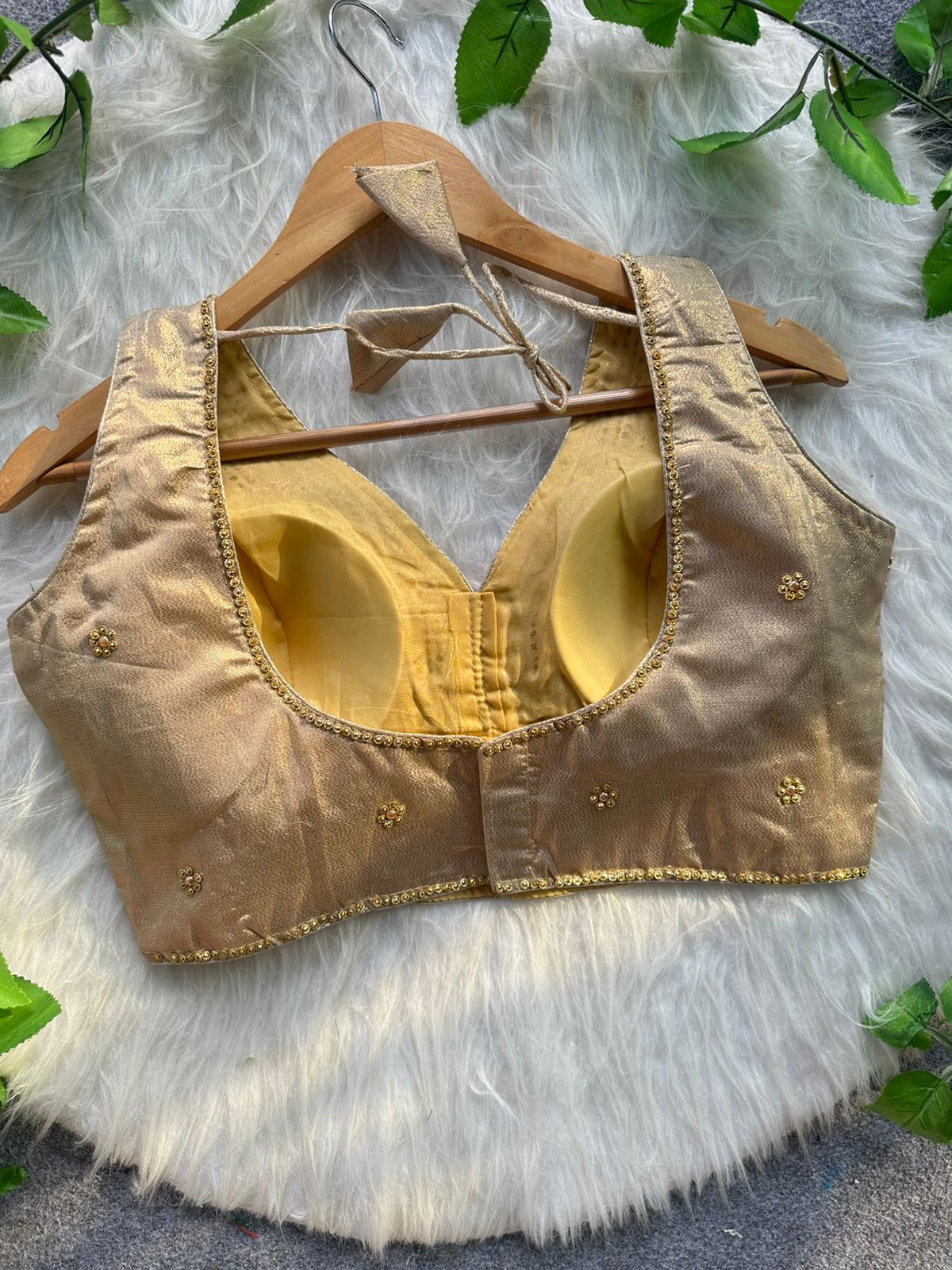 Golden Heavy Pure Silk Handcrafted SleevesLess Moti Blouse 