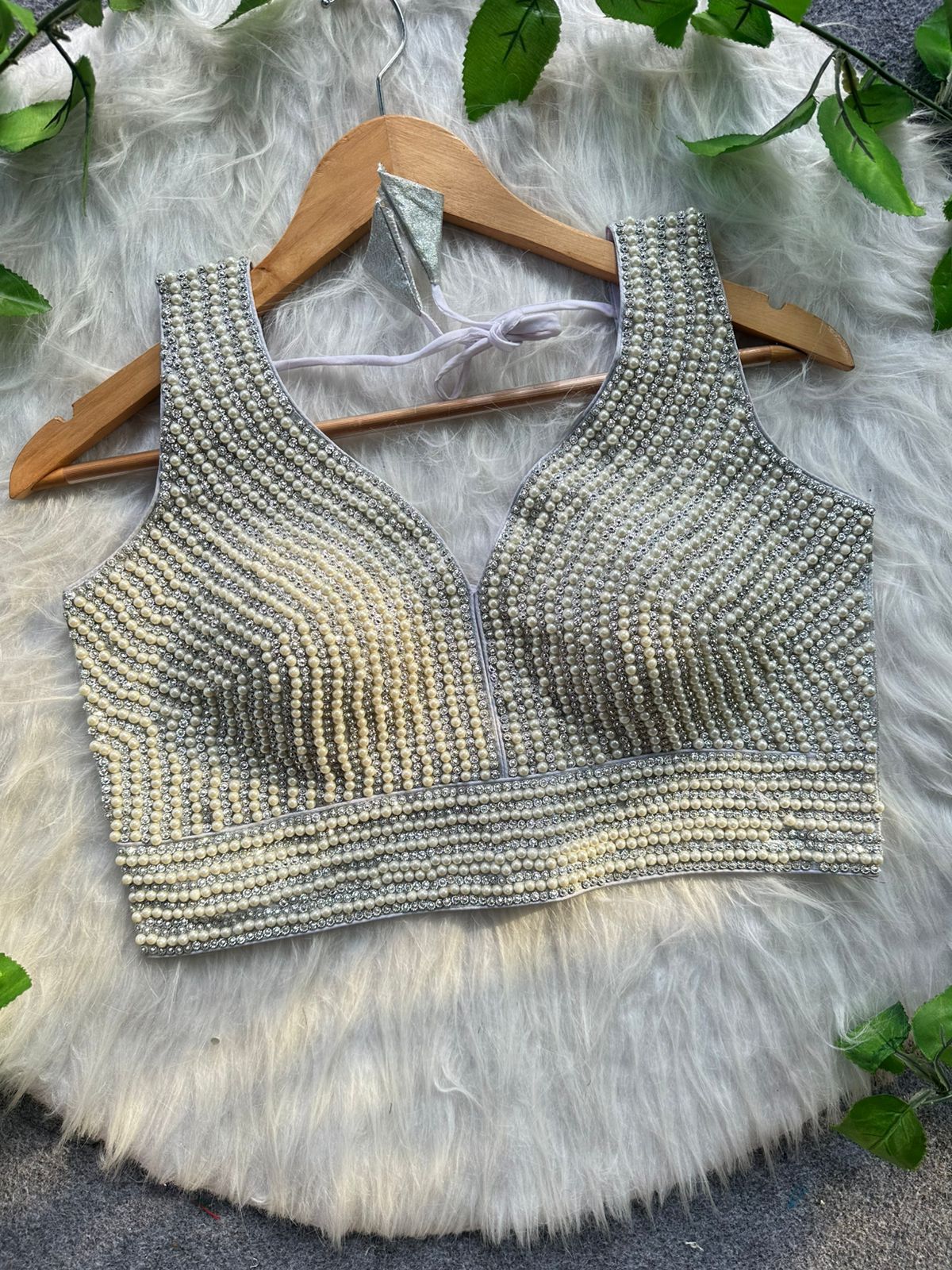 White Heavy Pure Silk Handcrafted SleevesLess Moti Blouse